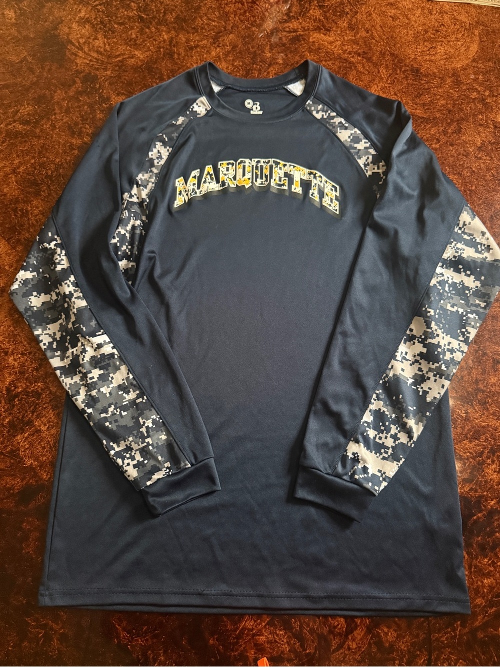 Marquette Navy Long-Sleeve Performance Tee with Camo Sleeves